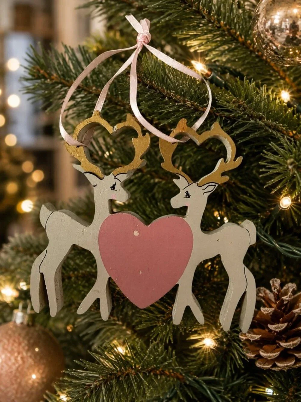 Vintage Kurt S. Adler Wooden Reindeer Heart Christmas Ornament 1988 Handcrafted